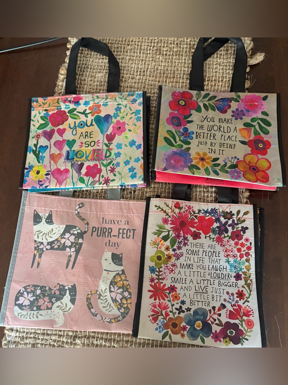 Bundle of 4 Reusable Boho Gift Bags/Small Totes Nat Life and Cat Themed